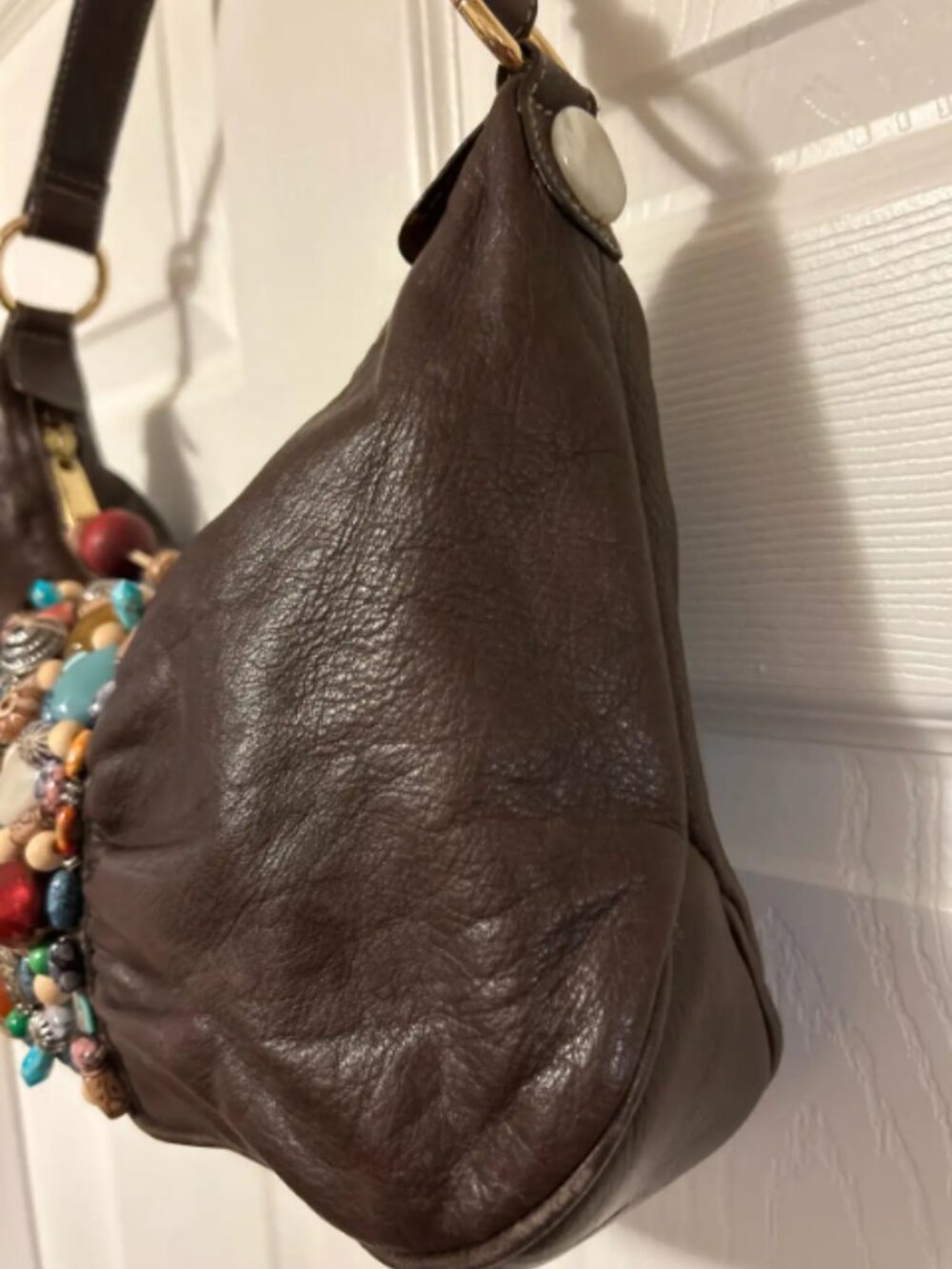 Brown leather boho style handbag with stones - Picture 4 of 7